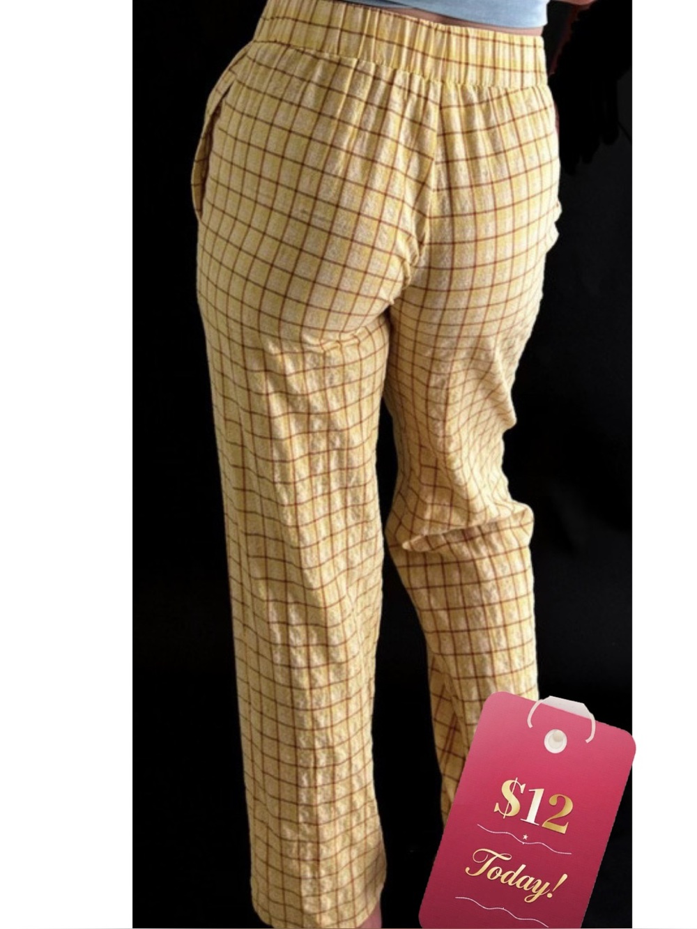 🍓Princess 👑 Polly 100% COTTON Yellow Plaid High-Waist Straight Leg Pants🍓